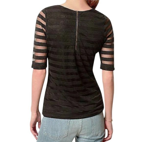 🌺SOLD ON BAY🌺 Anthropologie Stripe Mesh Tee Small 2 4 Black Lined Short Sleeves - Picture 5 of 13